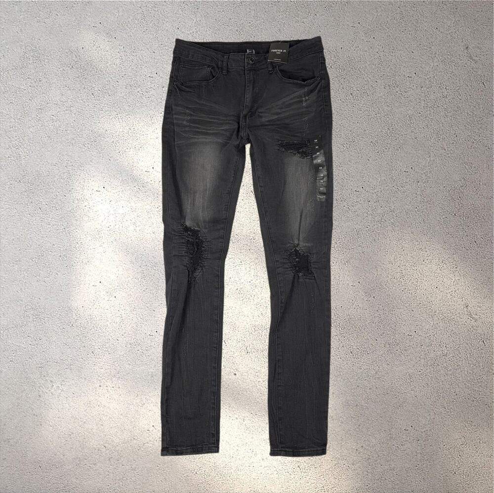NWT Forever 21 Men Distressed Skinny Jeans Size 32L Black Mid Rise Streetwear